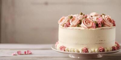 Whole cake with smooth surface, topped with symmetrical decorations, meal photography photo