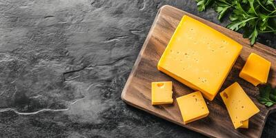 Whole block of cheddar cheese on a cutting board with a few slices removed, meal photography photo
