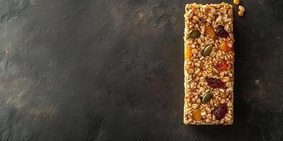 Energy bar with visible grains, seeds, and dried fruits on a flat surface, meal photography photo