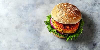 Assembled burger with a chicken patty, resting on a flat surface, meal photography photo