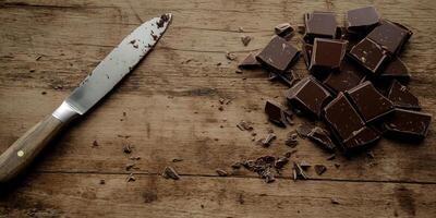 Broken chocolate bars scattered on a serving platter with nuts, food setting photo