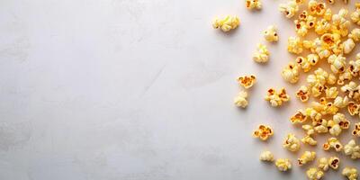 Buttered popcorn arranged on a plain surface, with individual kernels easily visible, food setting photo