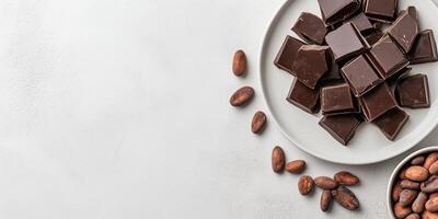 Broken chocolate bar pieces displayed on a white plate beside cocoa beans, meal photography photo