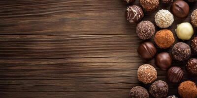 Chocolate truffles arranged in a semi-circle on a wooden surface, food setting photo