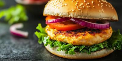 Close-up of a chicken burger with visible layers, resting on a simple background, food setting photo