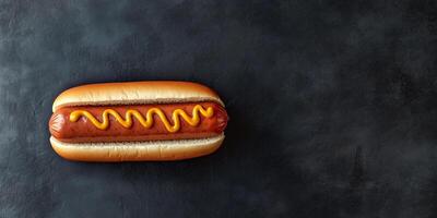 Close-up of a hot dog with sausage in a bun, topped with mustard, meal photography photo