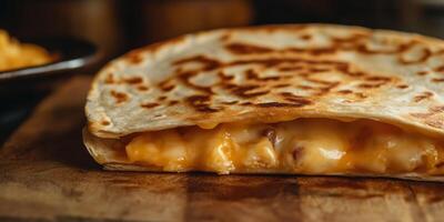 Close-up of a quesadilla slice, showing even distribution of melted cheese inside, meal photography photo