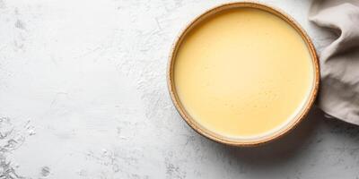 Custard set in a shallow bowl with even surface, no decorative elements, meal photography photo