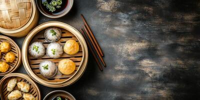 Dim sum served in bamboo steamers with assorted dumplings and buns, food setting photo