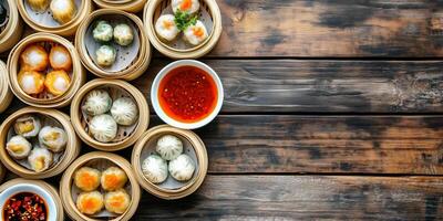 Dim sum selection served in bamboo steamer baskets with dipping sauces, meal photography photo