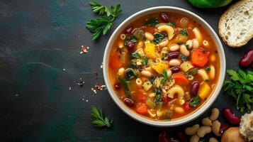 Minestrone soup in a dish with stirred vegetables, pasta, and beans, food setting photo