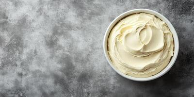 Mousse in a round dish with a smooth surface, no additional elements, meal photography photo