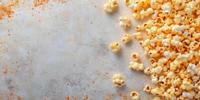 Kettle corn arranged on a plain surface, with individual popped kernels easily visible, food setting photo