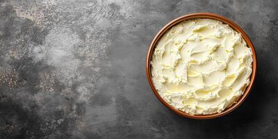 Mousse in a round dish with a smooth surface, no additional elements, food setting photo