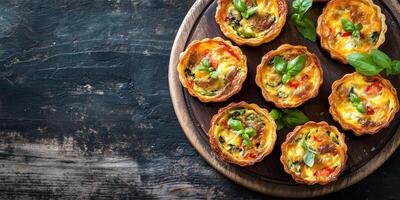 Mini quiches displayed in a circular design on a round serving dish, food setting photo