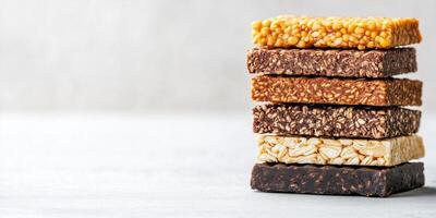 Stacked protein bars showing uniform texture and shape, food setting photo
