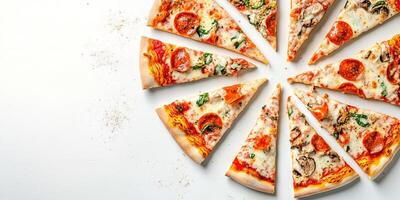 Multiple pizza slices arranged in a circular pattern showing crust and toppings, meal photography photo
