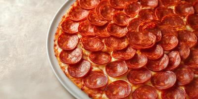 Pepperoni slices arranged in a spiral pattern on a neutral background, food setting photo
