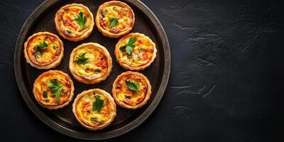 Mini quiches placed on a round tray, meal photography photo