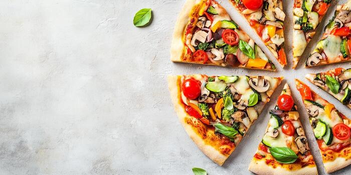 Vegetarian pizza slices arranged in a fanned-out pattern with visible toppings, meal photography photo