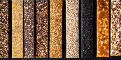 Several energy bars aligned, showing composition and texture, meal photography photo