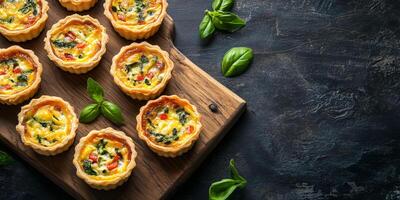 Mini quiches laid out evenly on a rectangular board, meal photography photo