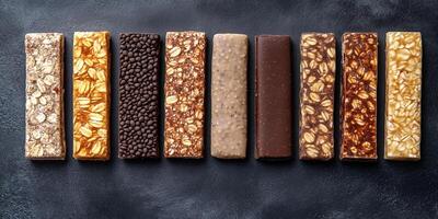 Protein bars in a row, showing consistency in size and shape, meal photography photo