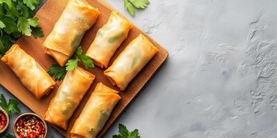 Spring rolls positioned in an orderly pattern on a flat serving board, meal photography photo