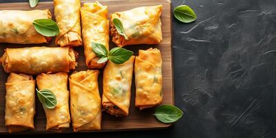 Spring rolls positioned in an orderly pattern on a flat serving board, food setting photo