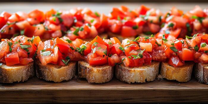 Tomato bruschetta lined up on a rectangular tray in neat rows, meal photography photo
