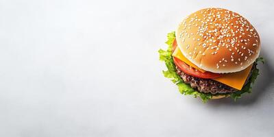 Small burger with patty and fillings, placed horizontally on a clean surface, meal photography photo