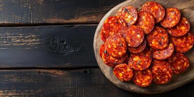 Sliced chorizo arranged in a semi-circle on a wooden board, meal photography photo