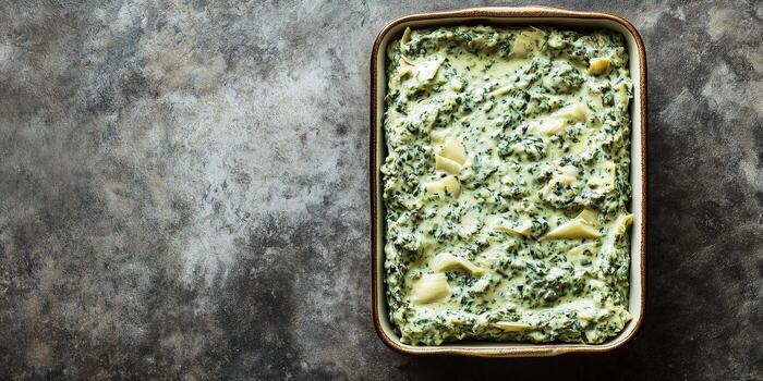 Spinach artichoke dip displayed in a rectangular container with even texture, meal photography photo