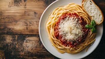 Spaghetti with tomato sauce and grated cheese on a plate, served with bread, food setting photo