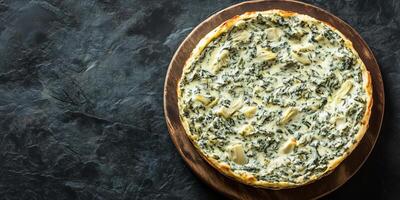Spinach artichoke dip in a rectangular container, even texture, food setting photo