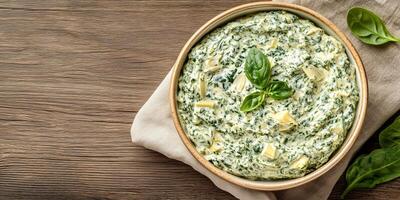 Spinach artichoke dip in shallow bowl with no additional elements or garnishes, food setting photo
