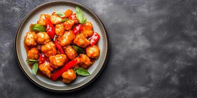 Sweet and sour chicken with vegetables in a sweet sauce, meal photography photo