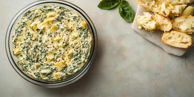 Spinach artichoke dip in a transparent dish with minimalistic presentation, food setting photo