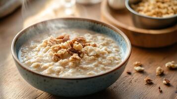 Steaming hot cereal in a bowl with a small container of toppings nearby, meal photography photo