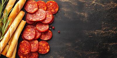 Thin chorizo slices arranged in a straight line beside breadsticks, meal photography photo