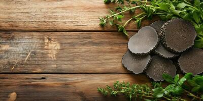 Thinly sliced black truffles arranged on a wooden surface with fresh herbs, meal photography photo