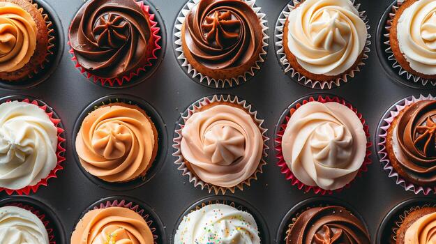 Batch of cupcakes, each topped with frosting, arranged in a neat grid on a tray, culinary photography photo