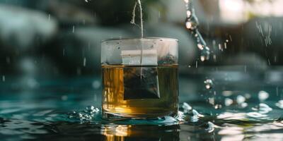 Black tea teabag submerged in a glass cup of water with the string hanging over the side, culinary photography photo
