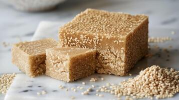 Block of sesame halva sliced to show dense, crumbly texture, culinary photography photo