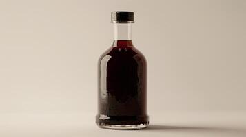 Bottle of dark brown liquid is displayed upright, containing a chocolate syrup, culinary photography photo