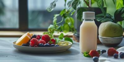 Bottle of probiotic yogurt drink with a distinct label indicating live cultures, placed on a table, food photography photo