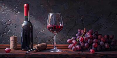 Bottle of red wine and a filled glass, with grapes and a corkscrew nearby, culinary photography photo