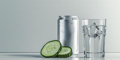 Can with a metallic finish next to a glass of clear liquid with a cucumber slice, culinary photography photo