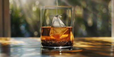 Chai tea teabag submerged in a glass cup of water with the string hanging over the side, culinary photography photo