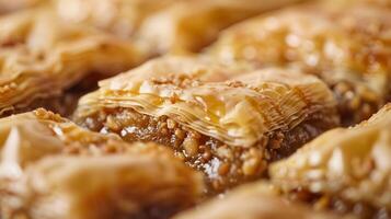 Close-up of baklava, highlighting distinct pastry layers and finely ground nut filling, culinary photography photo